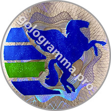 Голографическая наклейка с надпечаткой логотипа синего и зелёного цвета