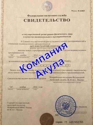 Документы рекламного агентства по распространению листовок Акула Россия 1