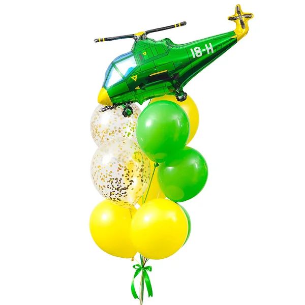 - 1 Фигура Вертолет
- 2 Шара с конфетти
- 7 Однотонных шаров
- Утяжелитель
- Трансопртировочный пакет
