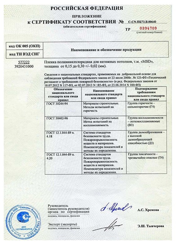 сертификат натяжных потолков 1