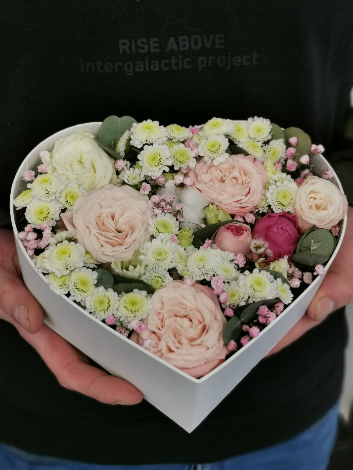 Цветы в коробочке в форме сердца с розами