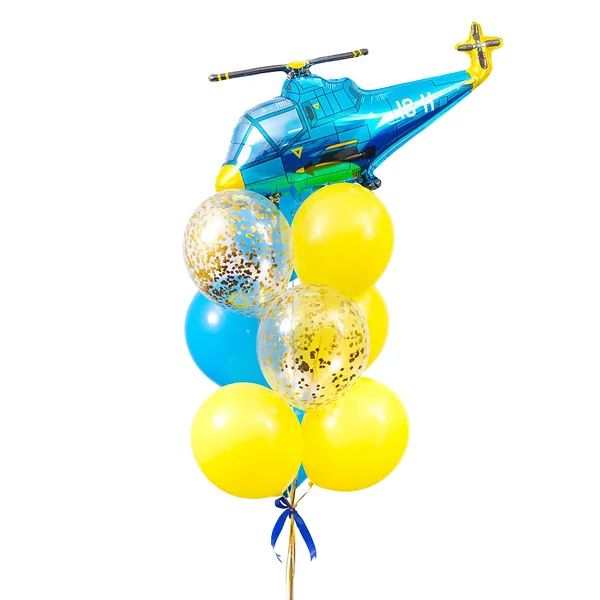 - 1 Фигура Вертолет
- 2 Шара с конфетти
- 7 Однотонных шаров
- Утяжелитель
- Трансопртировочный пакет