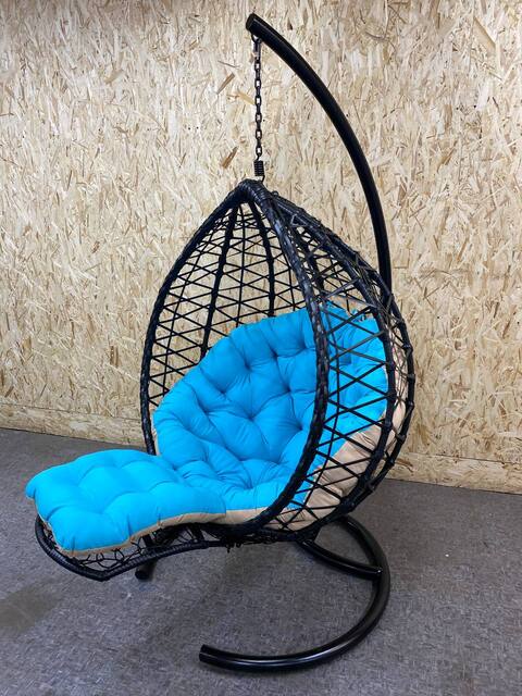 Подвесное кресло КАПЛЯ Реклайнер цвет черный с голубой подушкой и подставкой под ноги