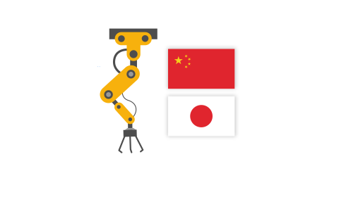 Роботизированная рука и флаги Японии и Китая