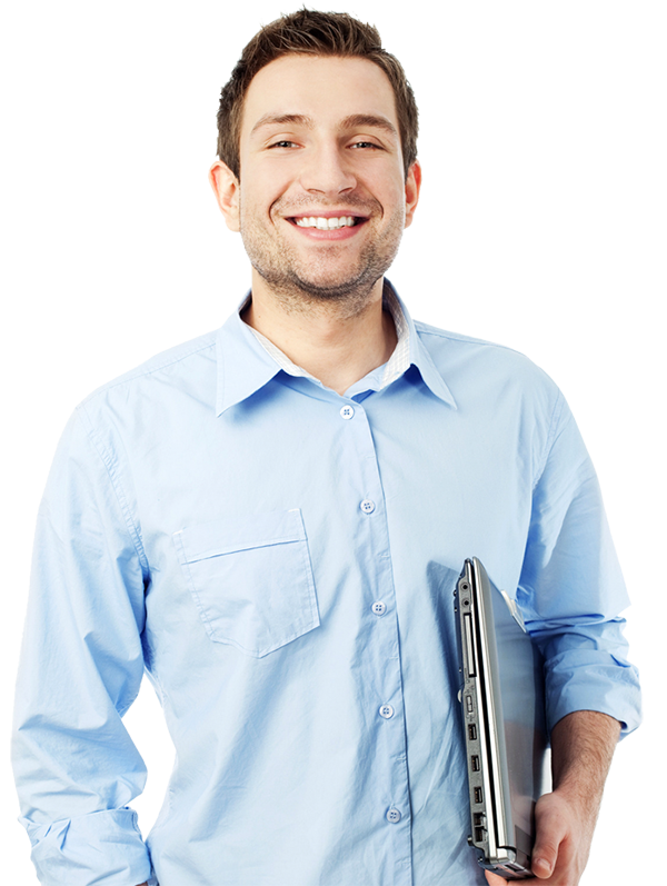 Мужчина с ноутбуком, мужчина улыбается