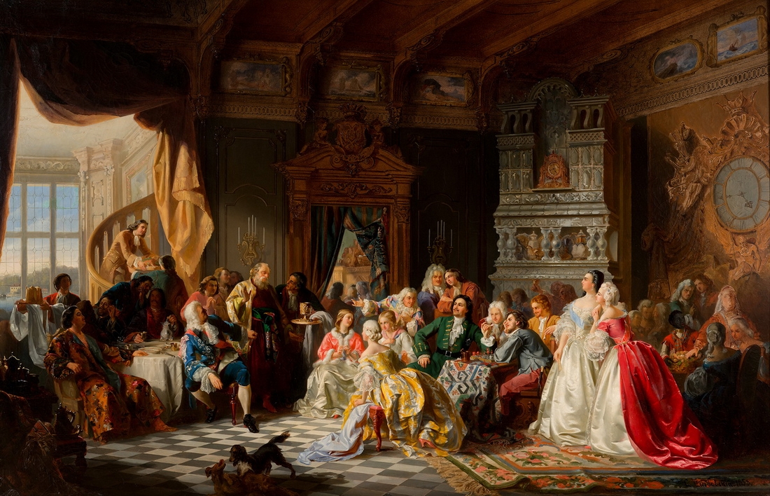 Картина С. Хлебовского (1835-1884) «Ассамблея при дворе Петра Великого», источник фотографии — Виртуальный Русский музей