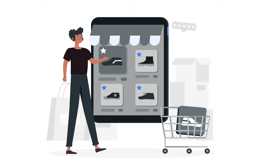 Интернет-магазин с изображением торговой площадки и корзины покупателя, символизирующих комфортную и удобную покупку для пользователей.