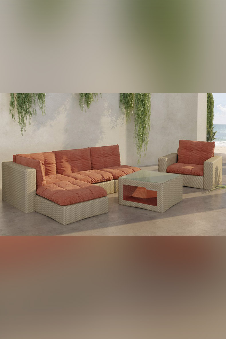 Комплект плетеной мебели Меценат  с подушками цвета коралл из влагостойкой ткани.