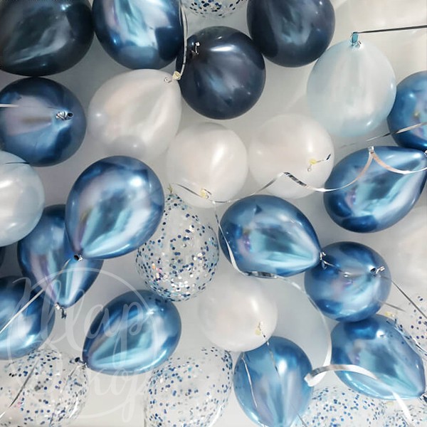 10 шаров: синие, жемчужные, прозрачные с конфетти 
