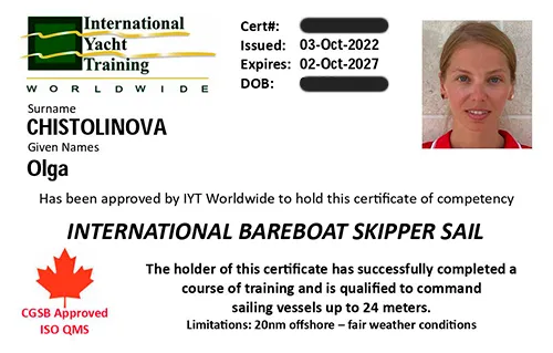 Яхтенные права Bareboat Skipper IYT