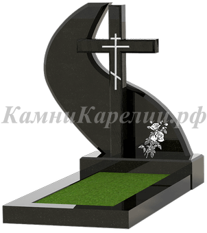 Изогнутый гранитный памятник с крестом, карельский гранит