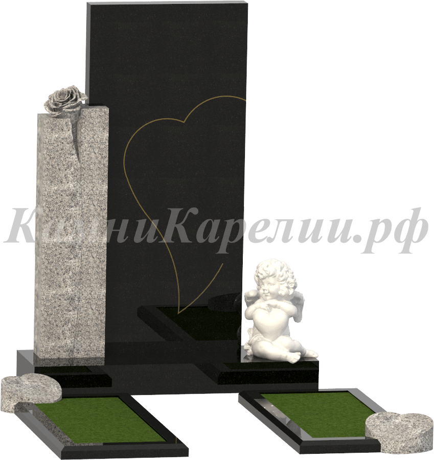 Гранитный памятник с розой и ангелом  ,гравировкой форме сердца , карельский и мансуровский