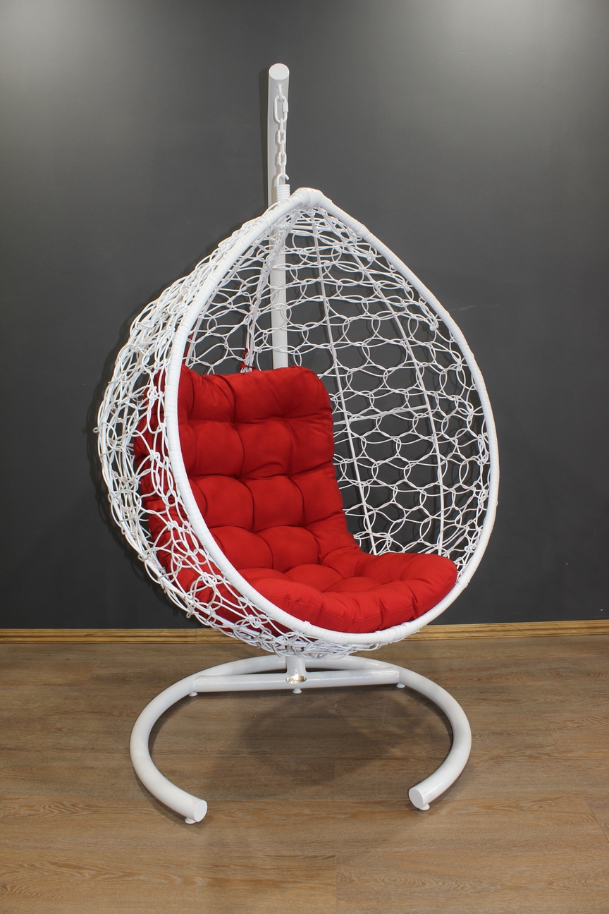 Подвесное кресло Капля МИНИ цвет белый с красной подушкой вид в профиль