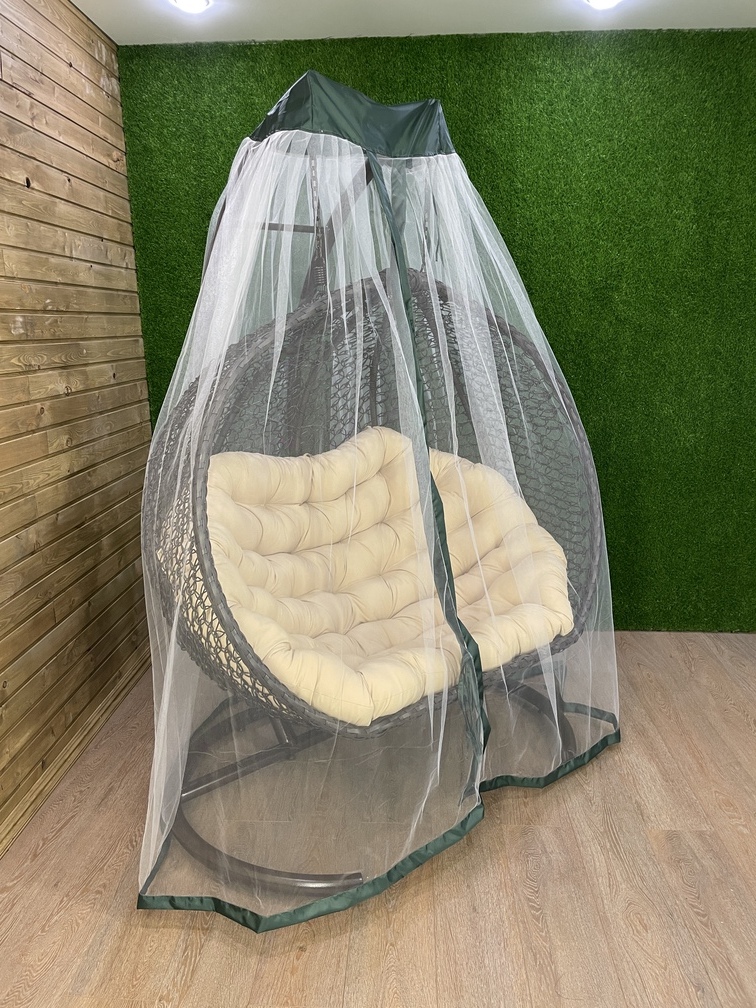 Москитная сетка закрытая непромокаемая на двухместное подвесное кресло с бежевой подушкой цвет зеленый