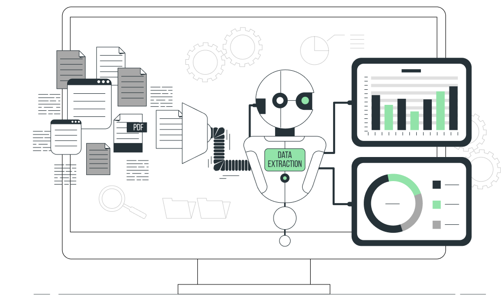 Иллюстрация компьютера с графиками и диаграммами, символизирующая автоматизацию бизнес-процессов в Шымкенте.