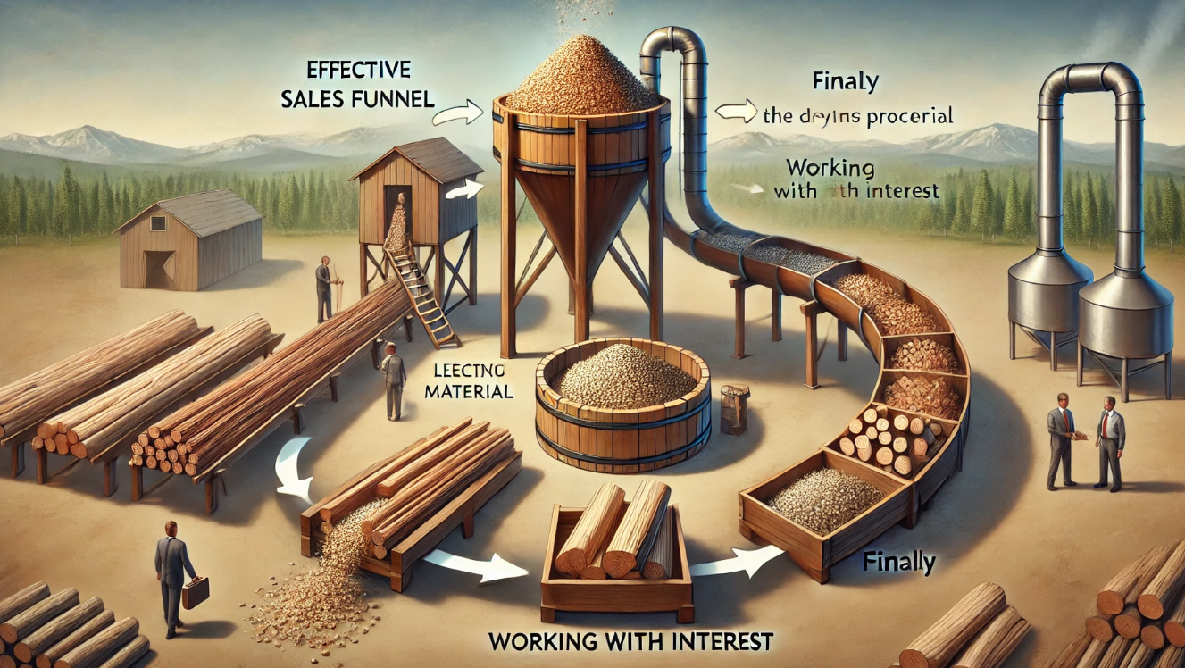 Полный гайд по созданию эффективной воронки продаж для бизнеса, занимающегося производством и продажей пиломатериалов, с фокусом на привлечение, удержание клиентов и рост продаж.