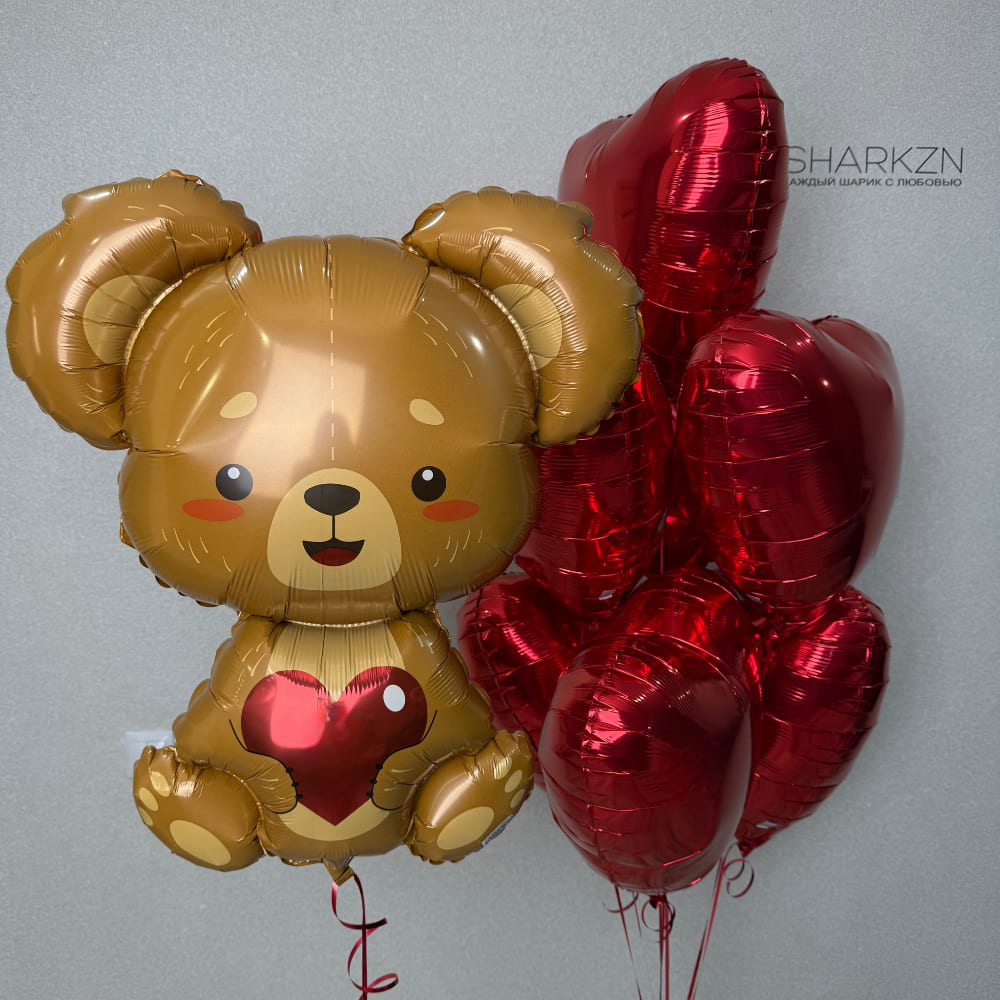 Связка сердец с милым Мишкой