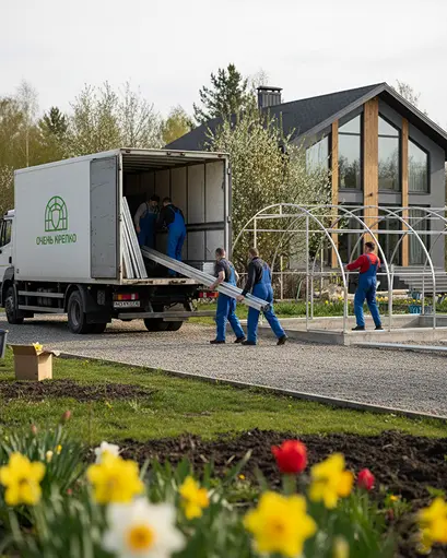 Доставка теплицы Мужчины достают детали от теплицы из грузовой машины