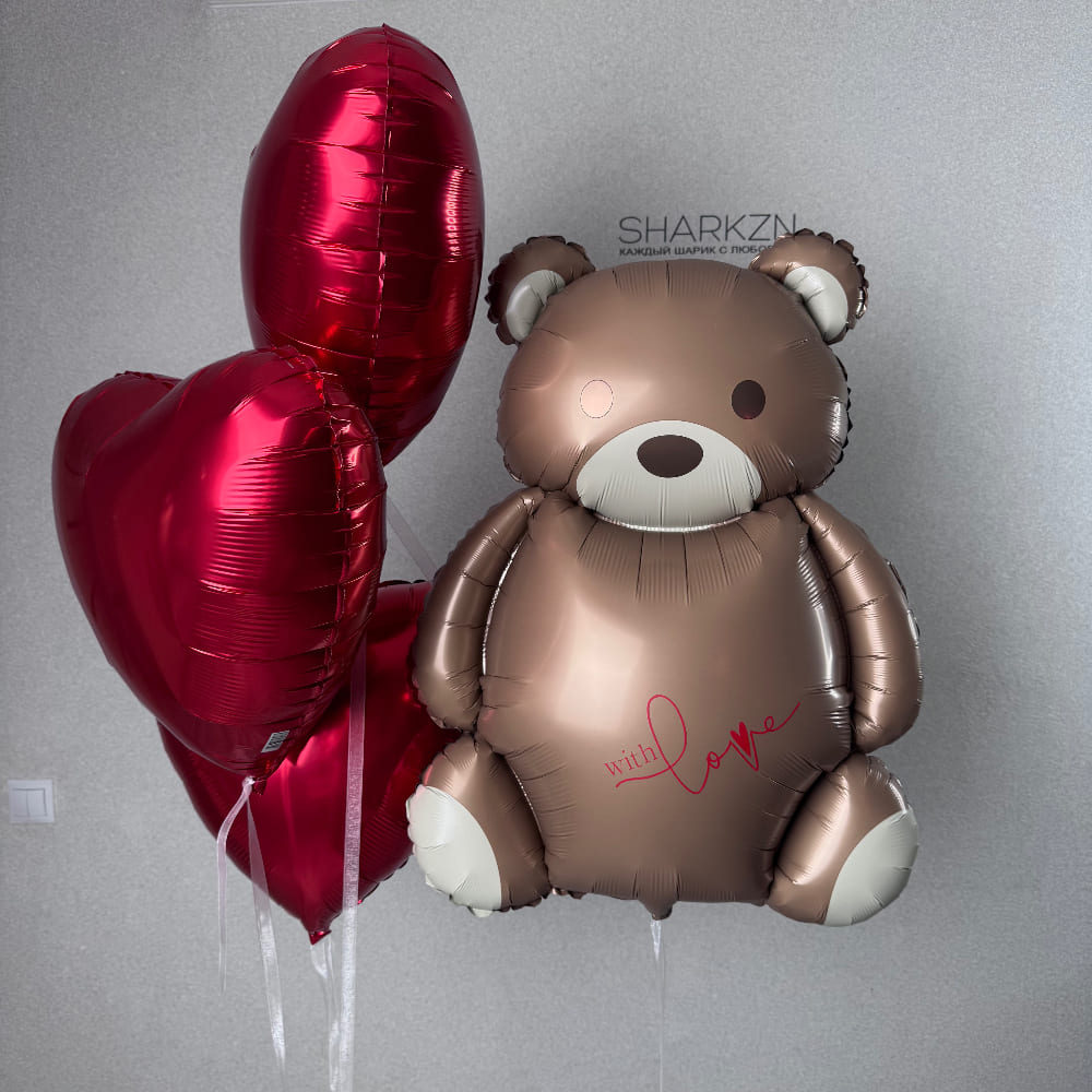 Связка из 3 сердец с фигурой Мишки и текстом