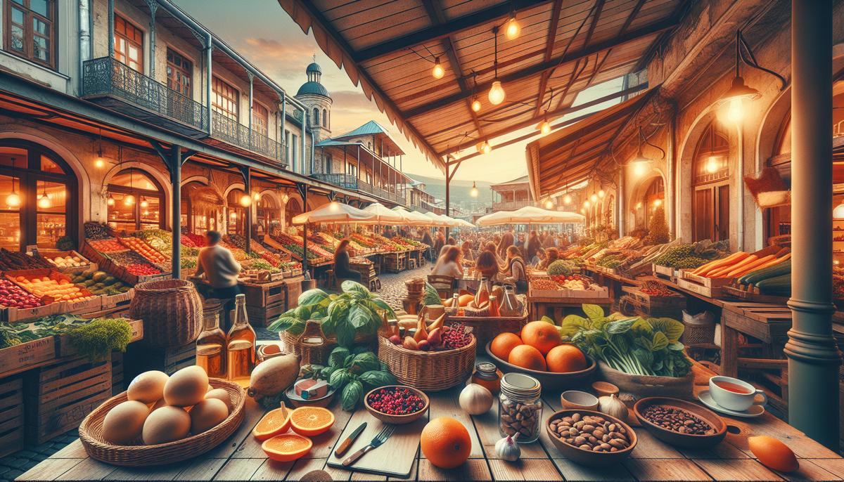 Продукты и рынок в Батуми, свежие овощи и кафе на набережной