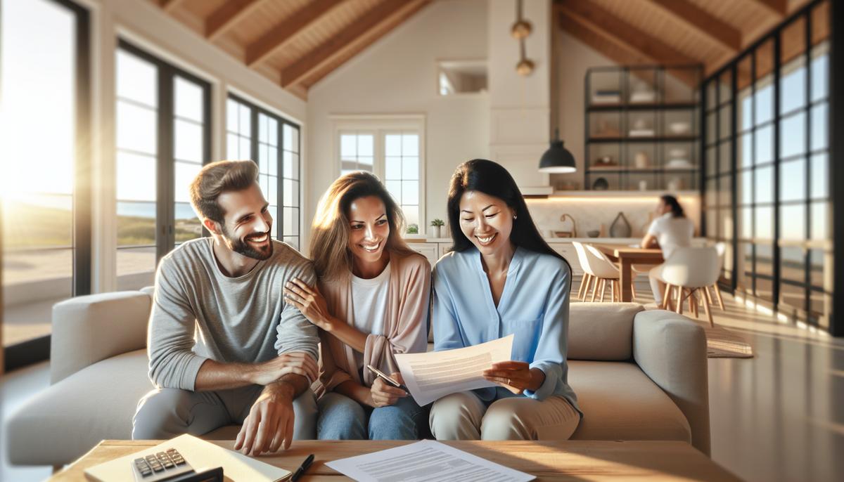 Счастливая пара и риелтор обсуждают покупку квартиры в Грузии с видом на море