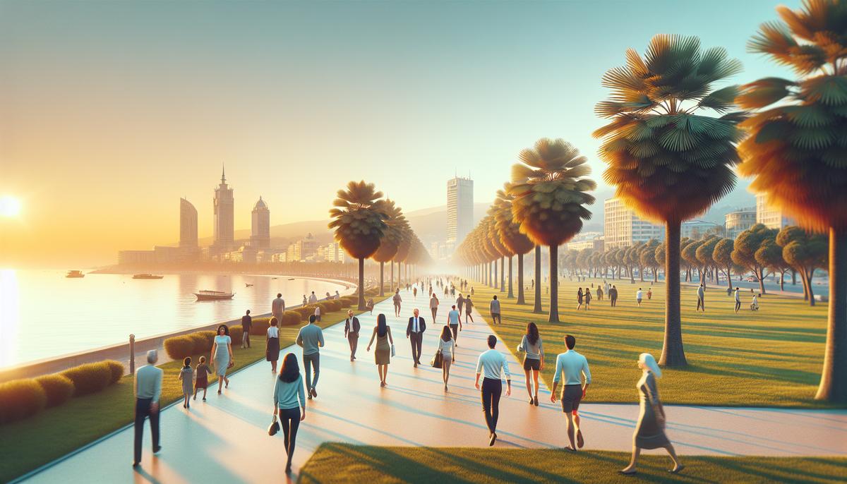 Люди прогуливаются по зелёному бульвару Батуми на фоне моря