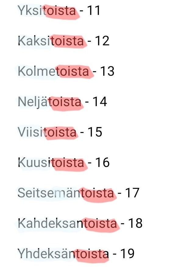 Финские цифры от 11 до 19, таблица