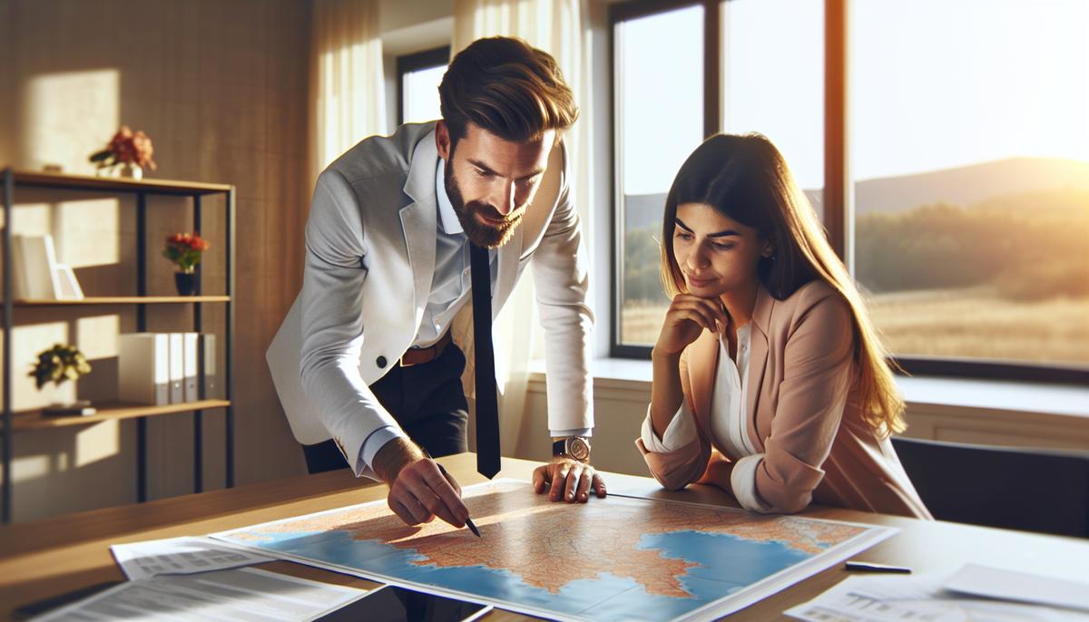 Агент показывает документы о покупке недвижимости и карту Грузии