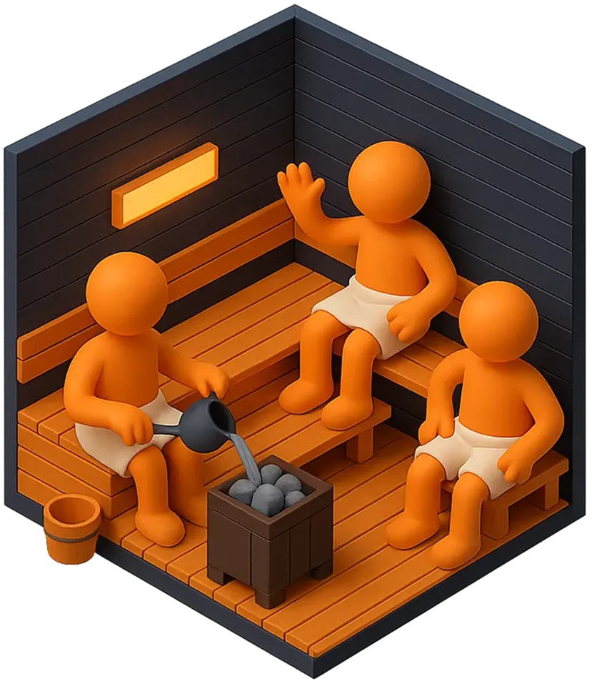 Друзья в бане 3D На картинке друзья парятся в бане/сауне, 3D рендер изометрия | adpachill