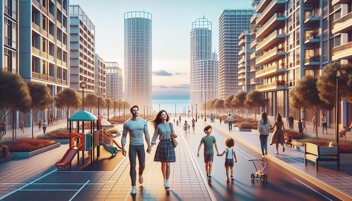 Семья гуляет по бульвару в Батуми рядом с детской площадкой