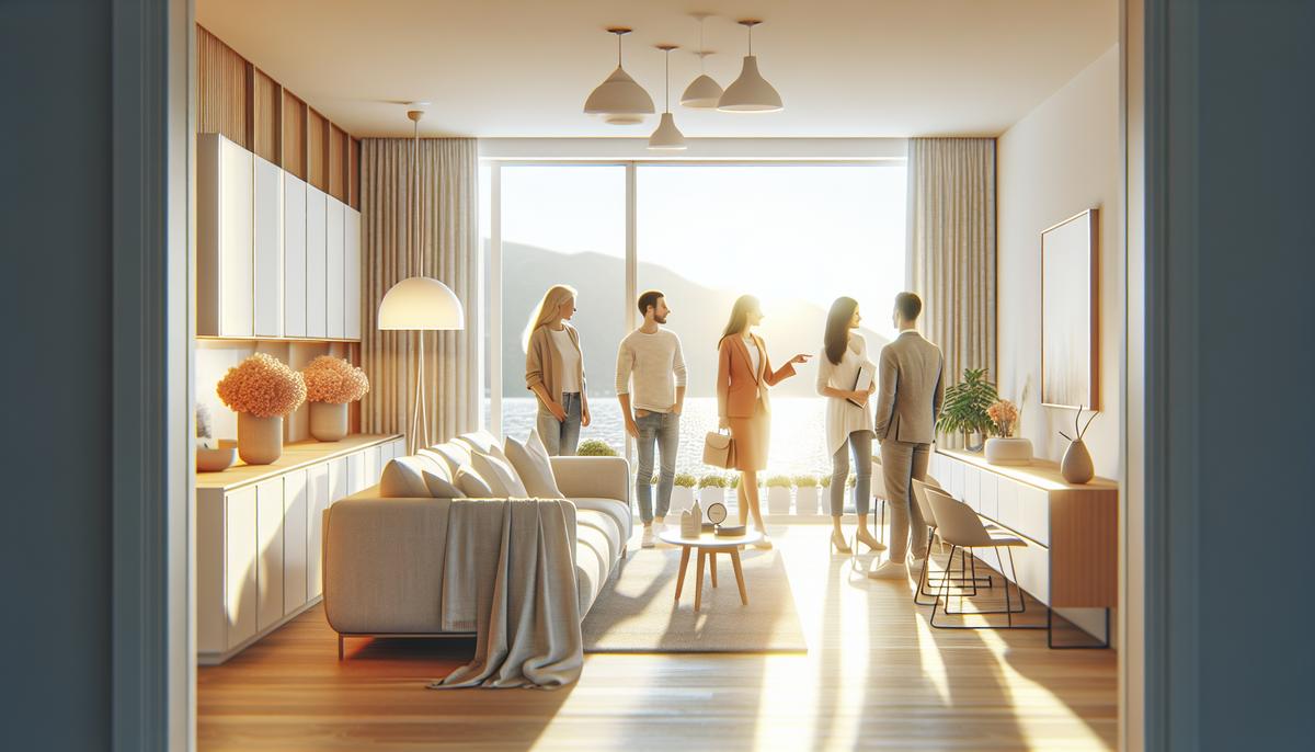 Покупатели с агентом смотрят квартиру с видом на Батуми летом