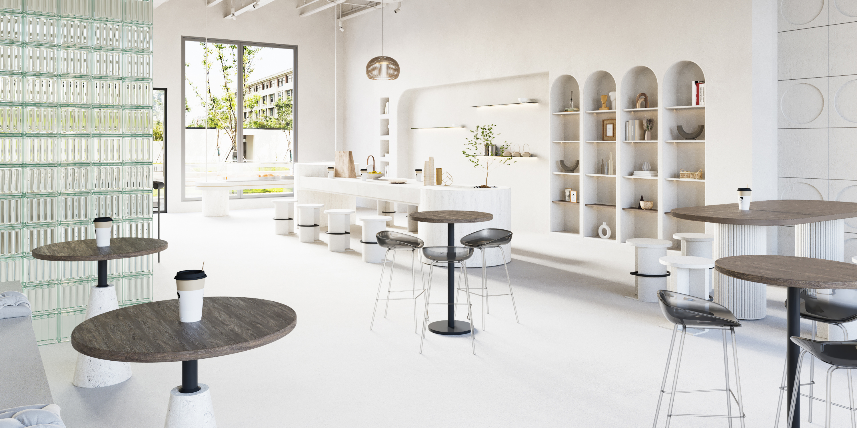 кофейня с круглыми дизайнерскими столами