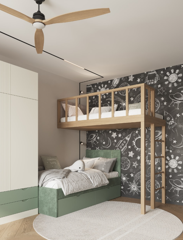 дизайн детской комнаты для двух мальчиков девочек с двухъярусной кроватью углом