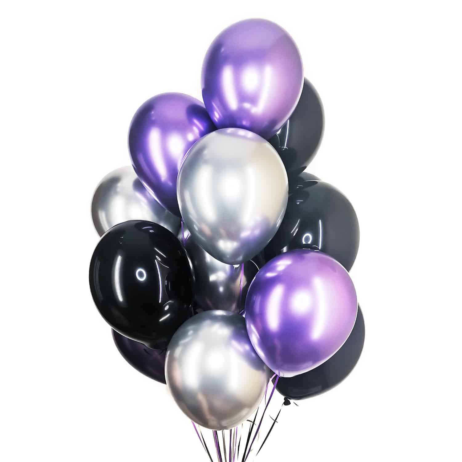 Связка из 12 шаров фиолетовые, черные, серебро 