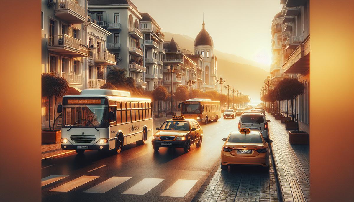 Автобус, такси и арендованная машина на улице Батуми