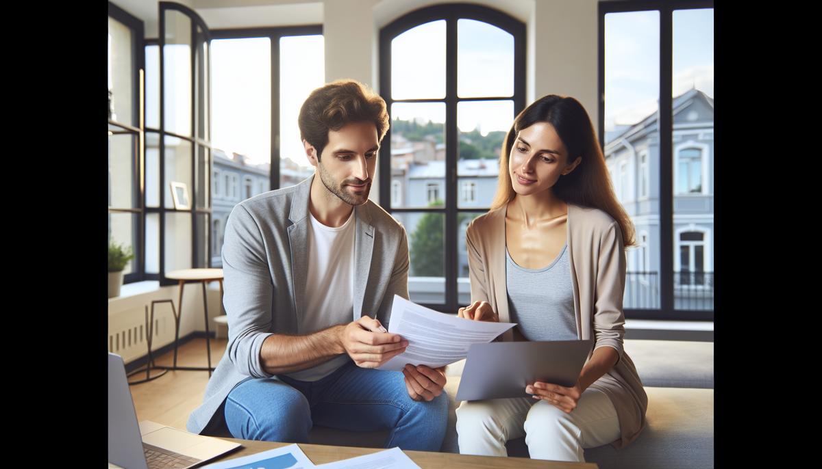 Пара обсуждает документы на фоне квартиры в Грузии