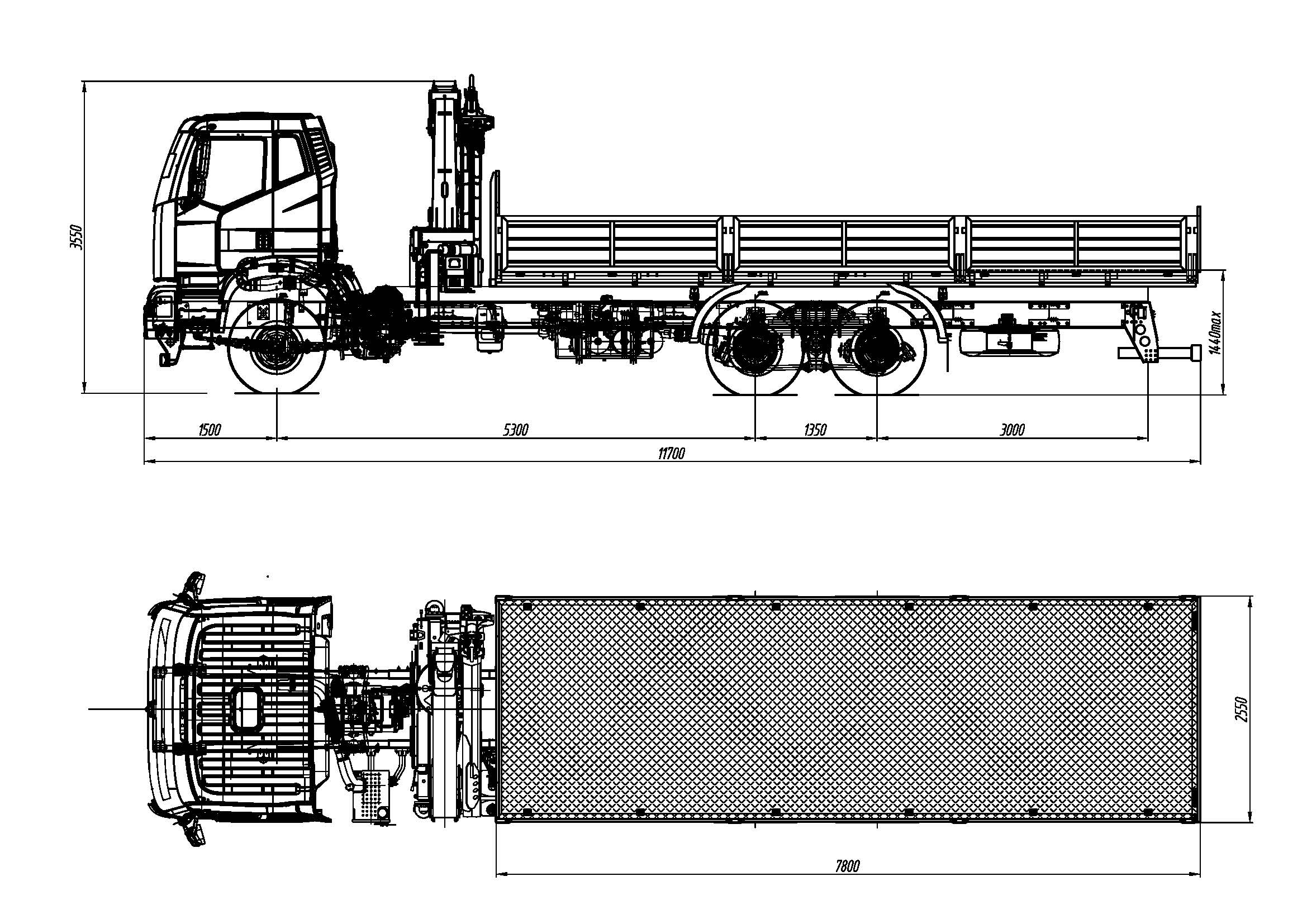 Габаритный чертеж FAW 8х4 с КМУ Sunhunk K-328-4