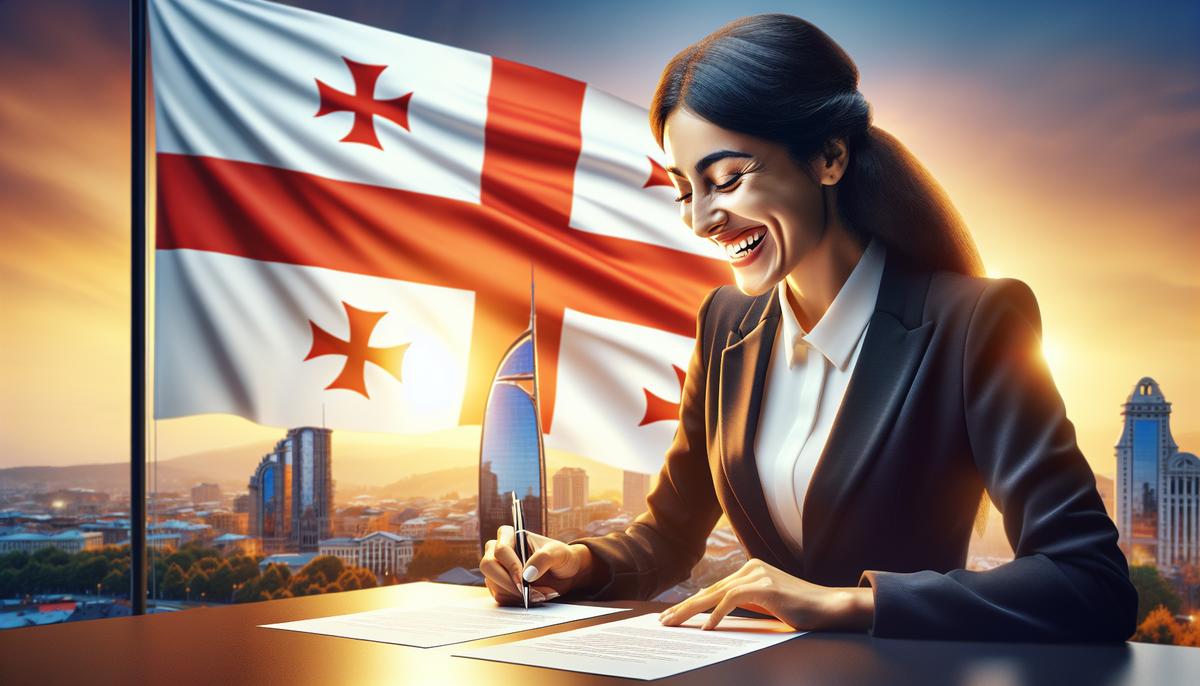 Как иностранцу открыть бизнес в Грузии Иностранец подписывает документы в офисе на фоне флага Грузии