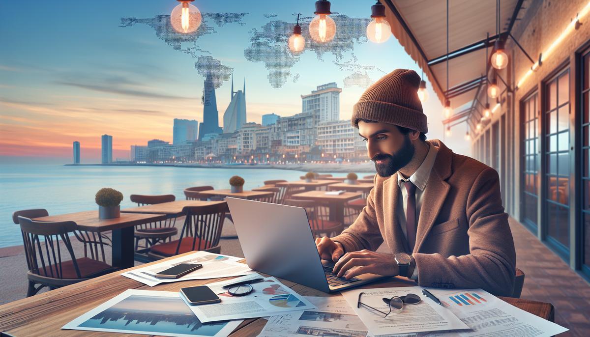 Как найти работу в Батуми: советы иностранцам Иностранец с ноутбуком ищет работу в кафе на берегу моря в Батуми