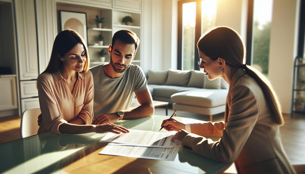 Счастливая семья или инвестор обсуждает ипотеку у агента по недвижимости