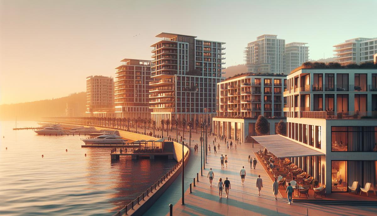 Набережная Батуми вечером, вид на море и дома