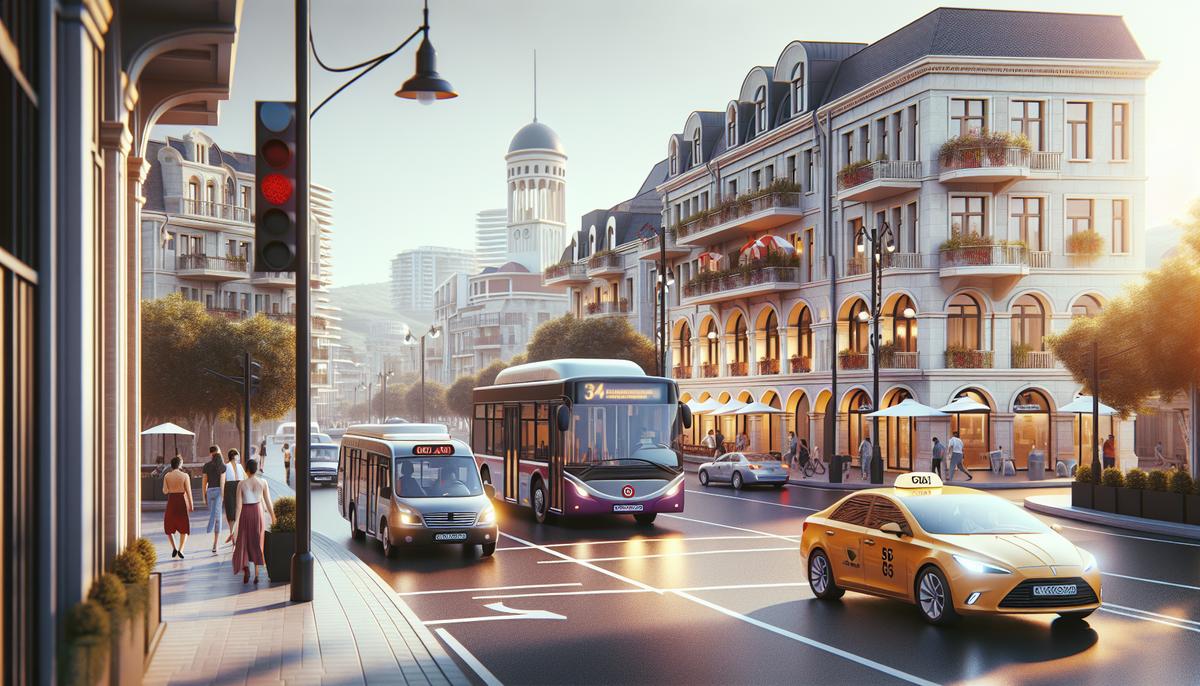 Транспорт в Батуми: автобусы, маршрутки, такси Автобус и такси на набережной Батуми на фоне города