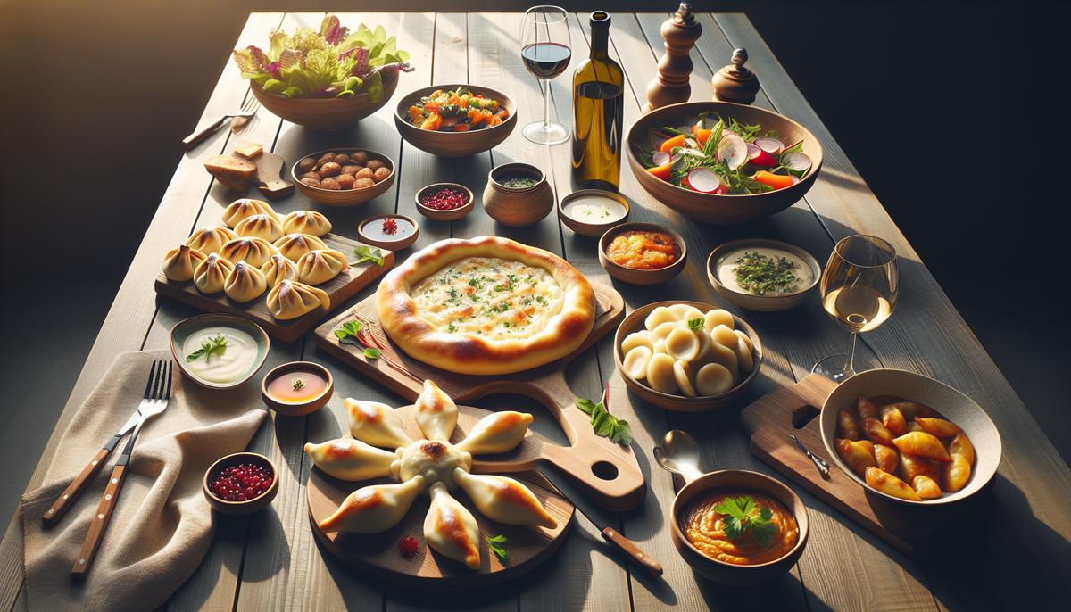 Ассорти грузинских блюд на деревянном столе
