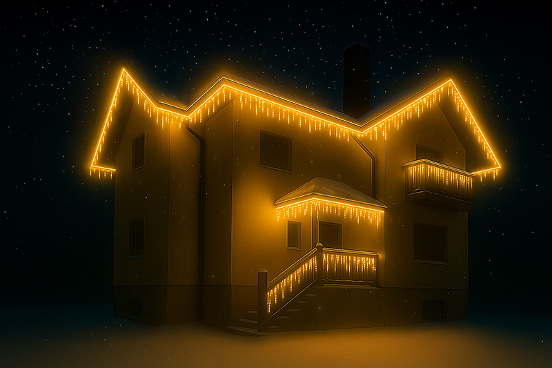 Гирлянда бахрома на дом визуализация украшения дома на новый год