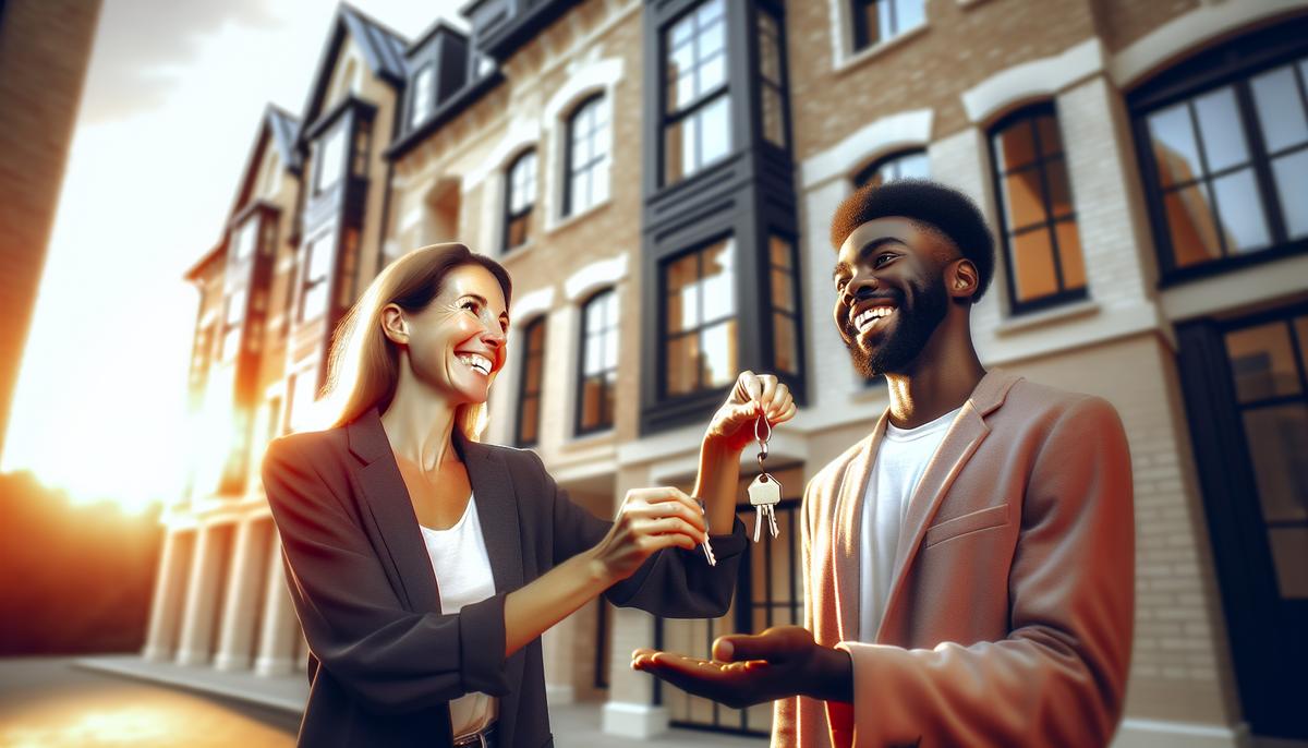 Агент передает ключи покупателю на фоне современного дома в Грузии