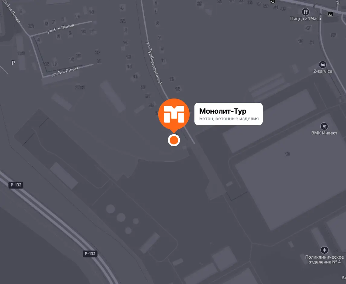 Карта с меткой компании 'Монолит-Тур', занимающейся бетонными изделиями