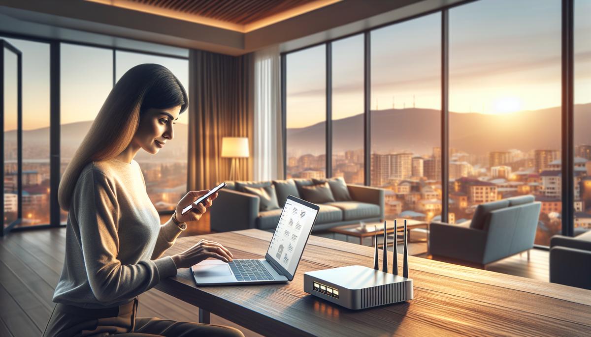 Человек с ноутбуком и смартфоном работает в уютной квартире в Грузии