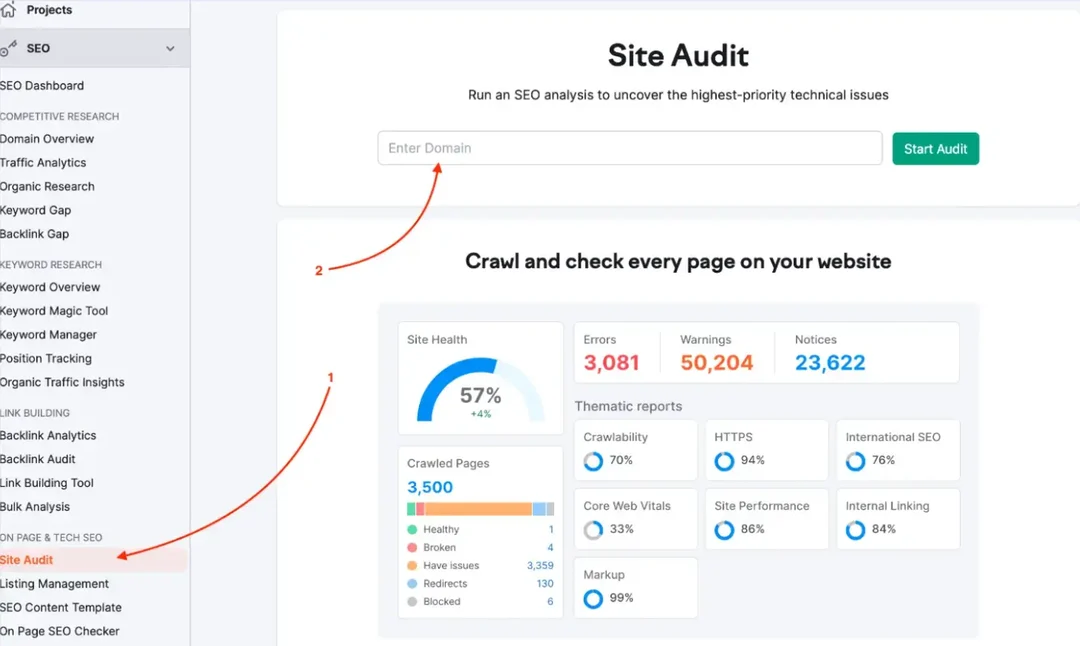 Semrush Site Audit запуск фото