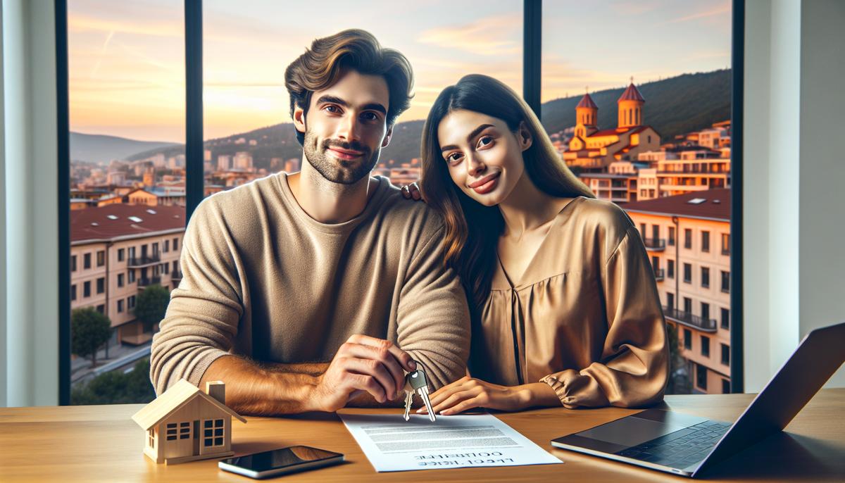 Пара с документами и ключами от квартиры в Грузии