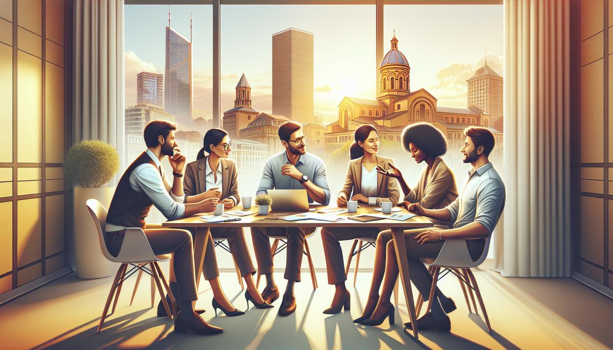 Как работает рынок труда в Грузии в 2025 году Люди на встрече и городской пейзаж Грузии — работа и недвижимость
